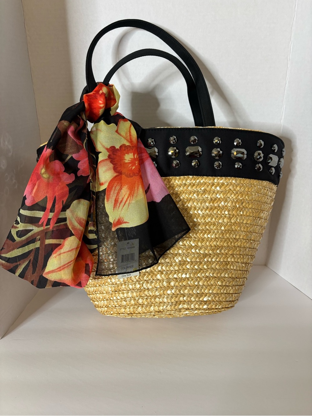 Embellished Straw Tote with Floral Scarf - Black Trim